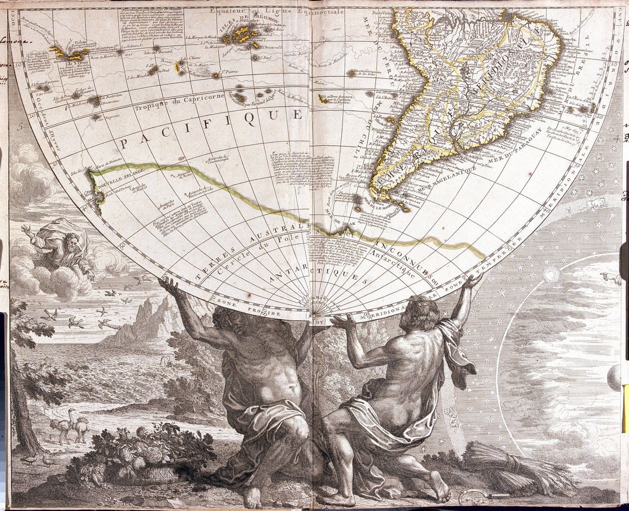 Dos hombres sostienen el globo terráqueo, con el mapa de Sudamérica de Jean Baptiste Nolin