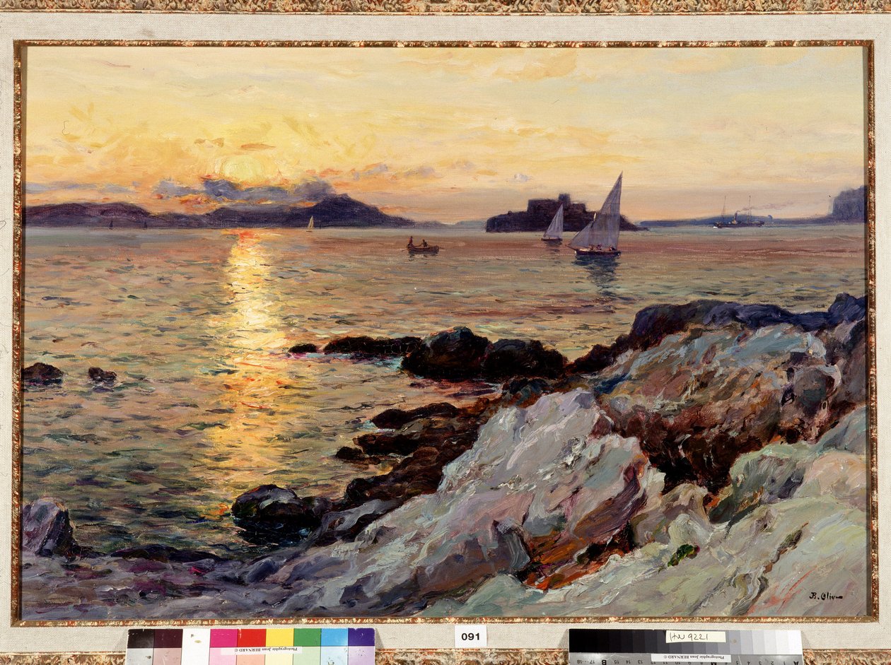 Puesta de sol en Frioul Pintura de Jean Baptiste Olive (1848-1936) Siglo XX Dim. 50x73 cm Mención obligatoria: Colección Fundación Saludos de Provenza, Marsella de Jean Baptiste Olive