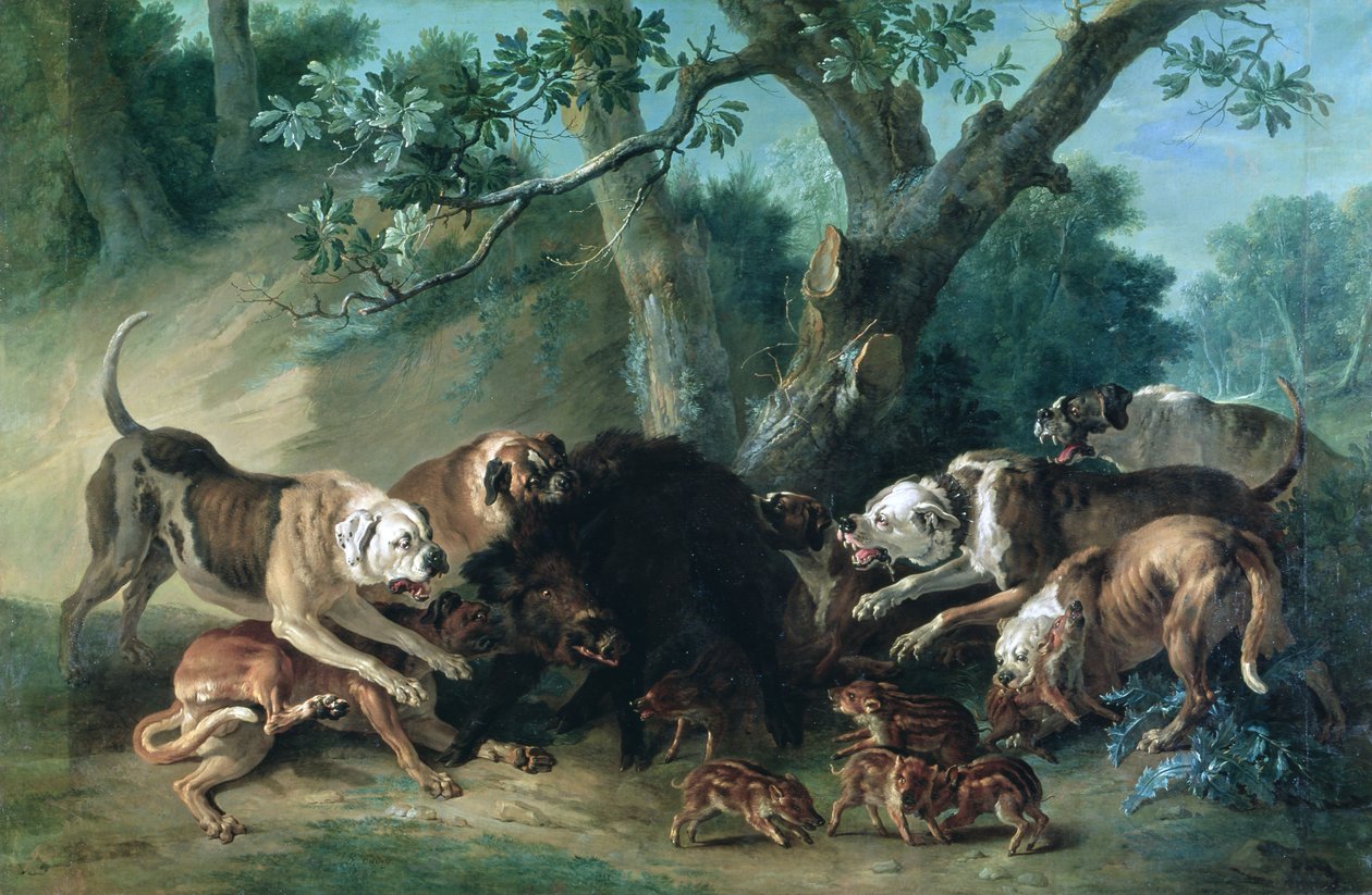 Una cerda salvaje y su cría atacadas por perros de Jean Baptiste Oudry