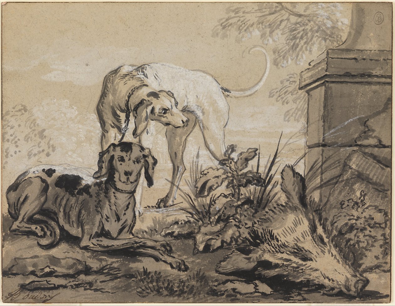Después de la caza: dos sabuesos junto a una cabeza de jabalí de Jean Baptiste Oudry