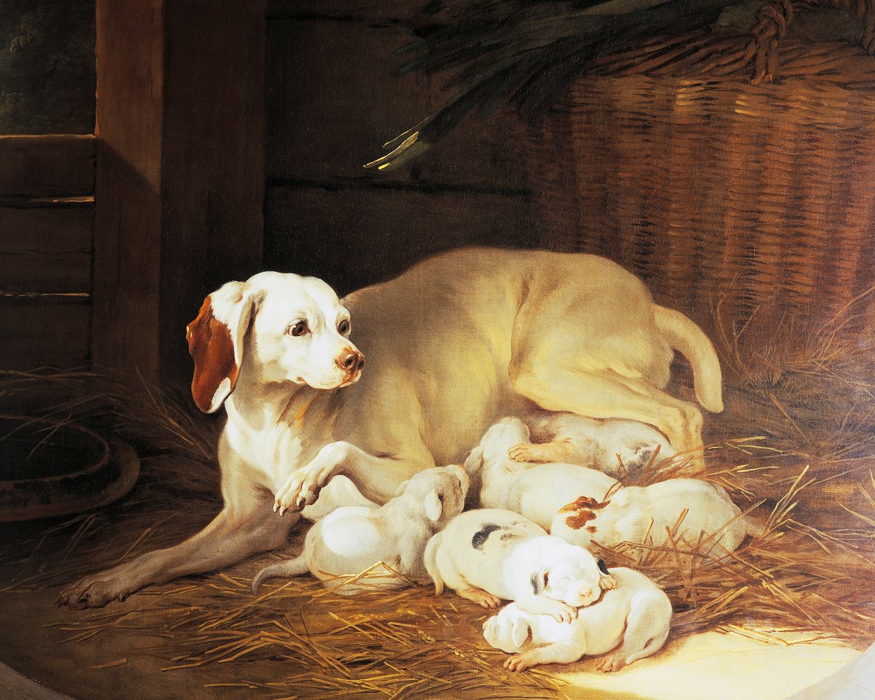 Perra amamantando cachorros, (detalle) de Lise et ses petits, por Jean-Baptiste Oudry (1686-1755), Francia de Jean Baptiste Oudry