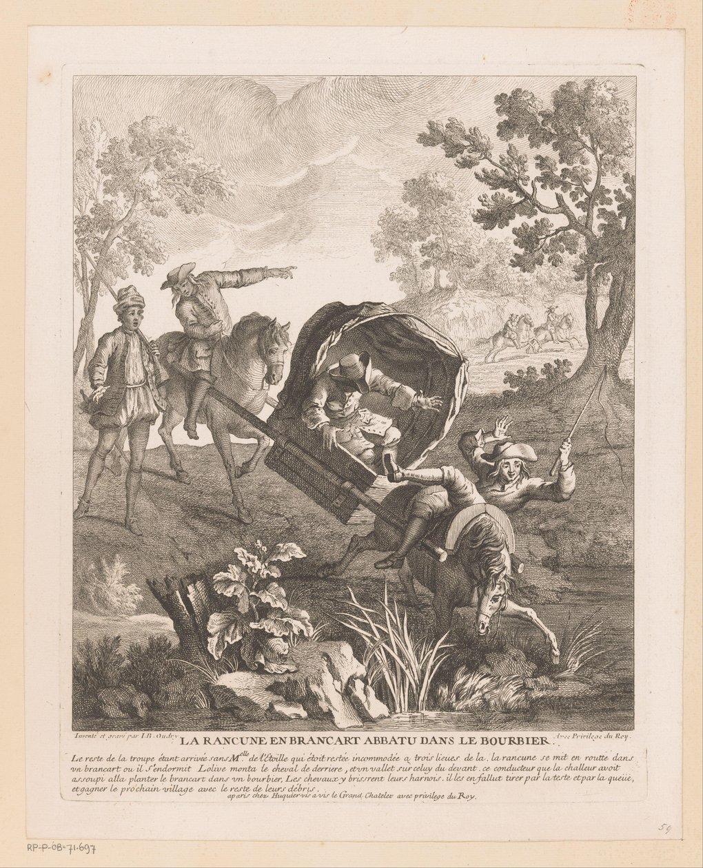 Transportista con caballos cae al agua La Rancune en brancart abbatu dans le bourbier (título sobre objeto) Escenas de Roman Comique de Scarron (título de la serie) de Jean Baptiste Oudry