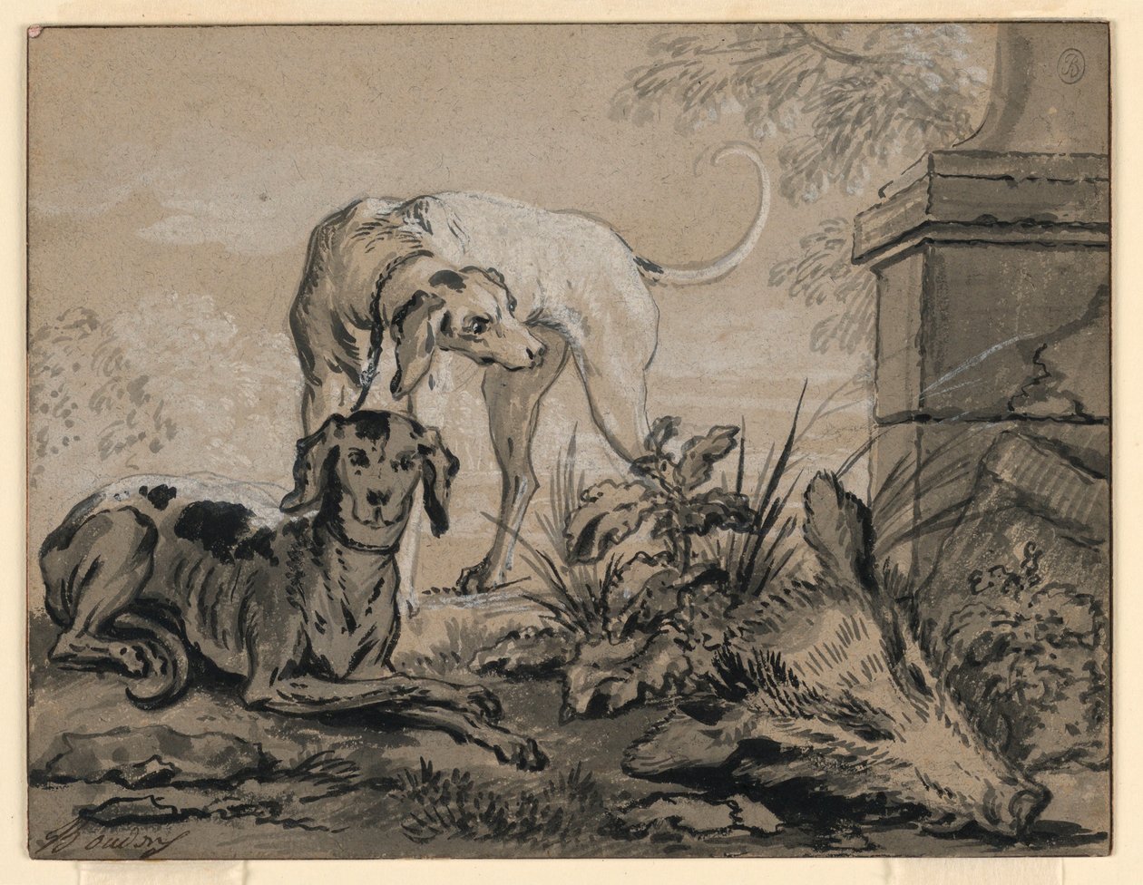 Dibujo, Después de la caza: dos sabuesos junto a una cabeza de jabalí, 1740 de Jean Baptiste Oudry