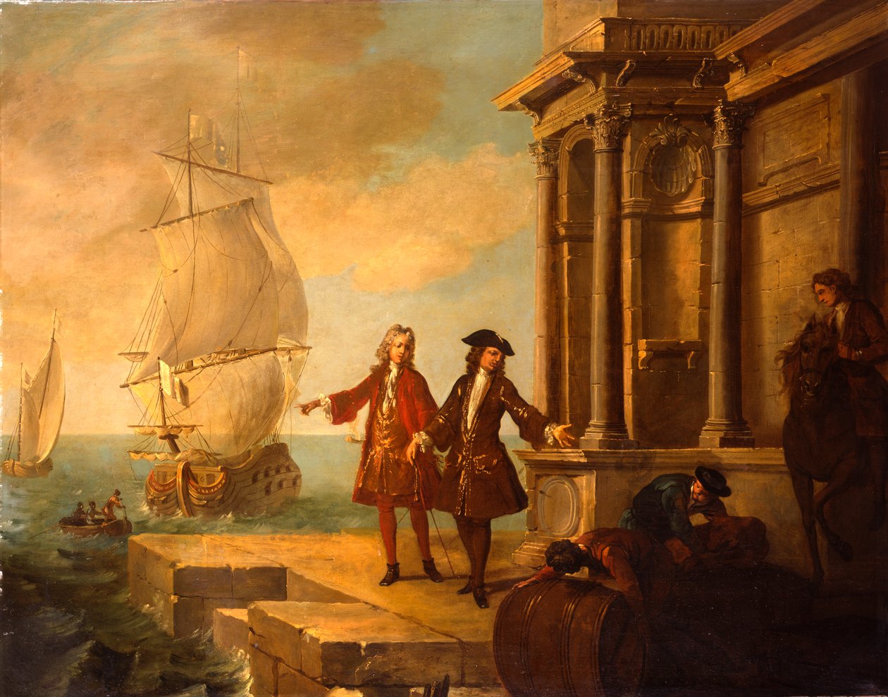 Europa - Comerciantes europeos con estibadores manejando un barril y un fardo en un muelle de Jean Baptiste Oudry