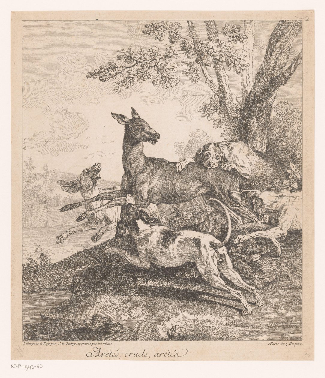 Ciervo emboscado por los sabuesos
Arétés, cruels, arétéz (...) (título en el objeto)
Escenas de caza (título de la serie) de Jean Baptiste Oudry