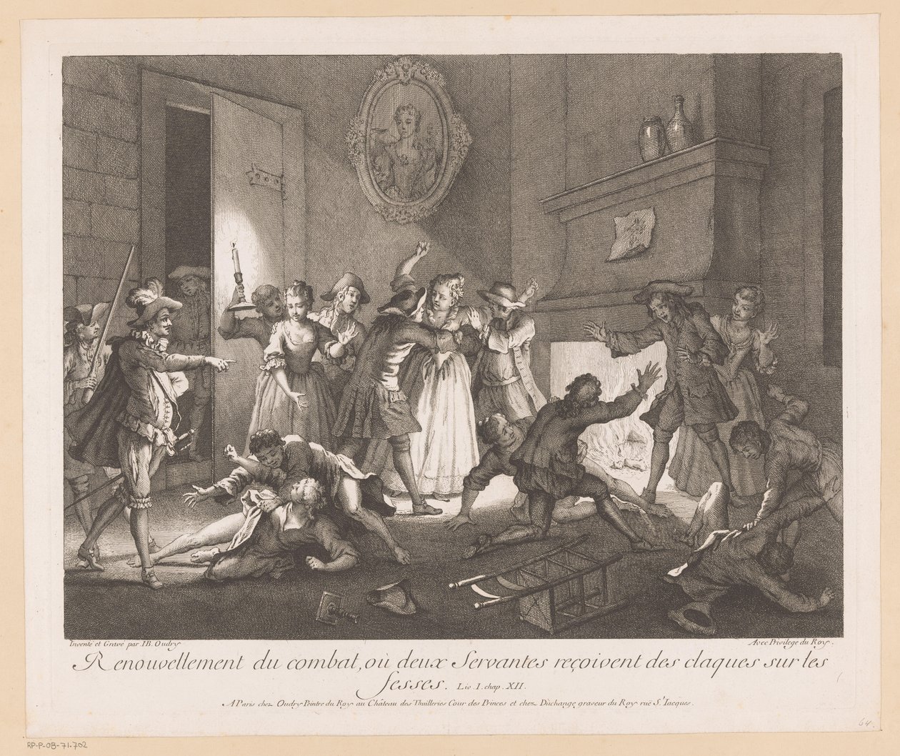 Interior met groep vechtende mensen Renovación de la pelea donde dos sirvientes reciben palmadas en las nalgas (título sobre objeto) Escenas de Roman Comique van Scarron (título de la serie) de Jean Baptiste Oudry