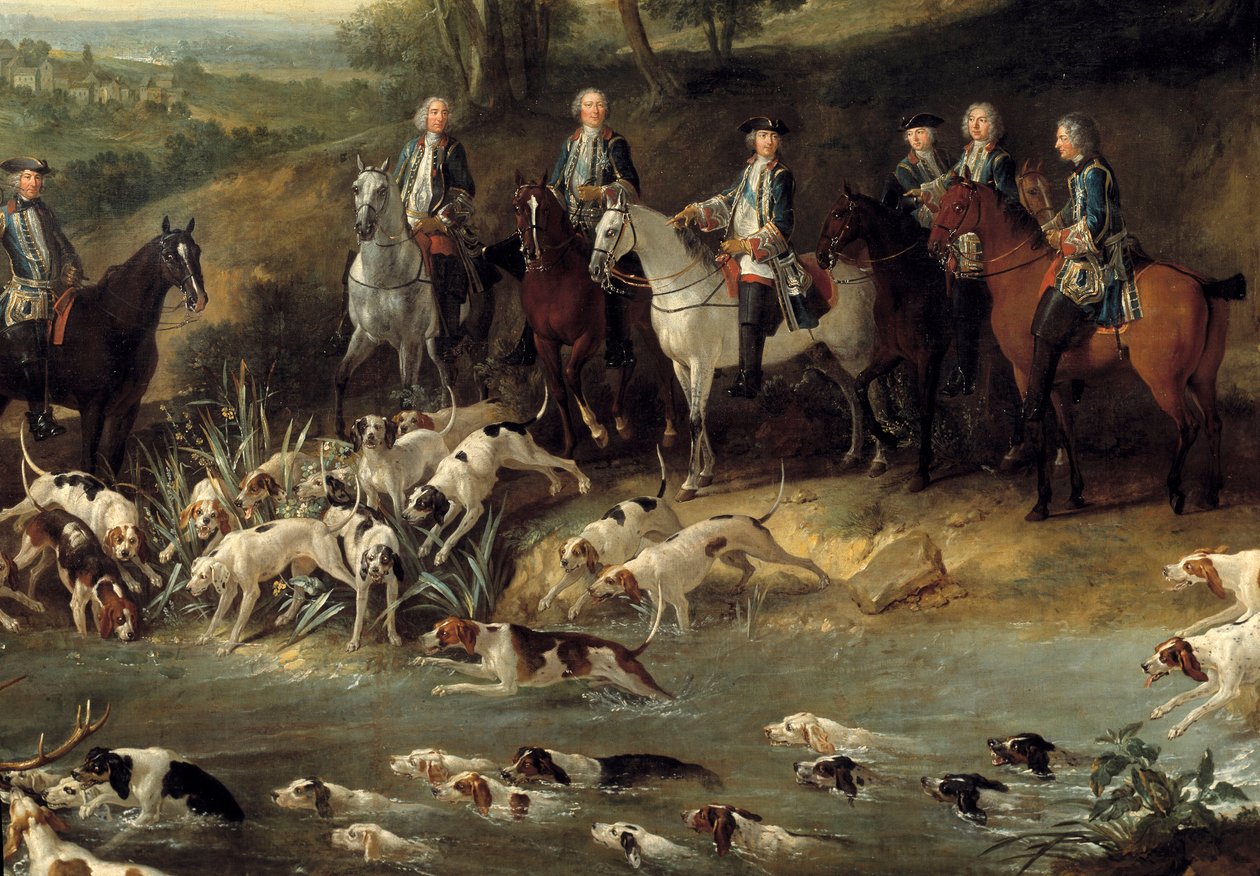 El rey Luis XV cazando ciervos en el bosque de Saint Germain en 1730 (detalle) de Jean Baptiste Oudry