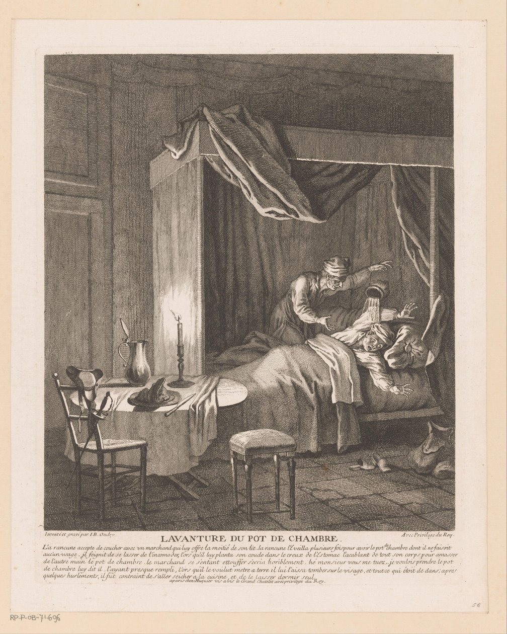 El hombre se despierta sobresaltado por el orinal que se vacía sobre él Lavanture du pot de chambre (título sobre objeto) Escenas de Roman Comique de Scarron (título de la serie) de Jean Baptiste Oudry