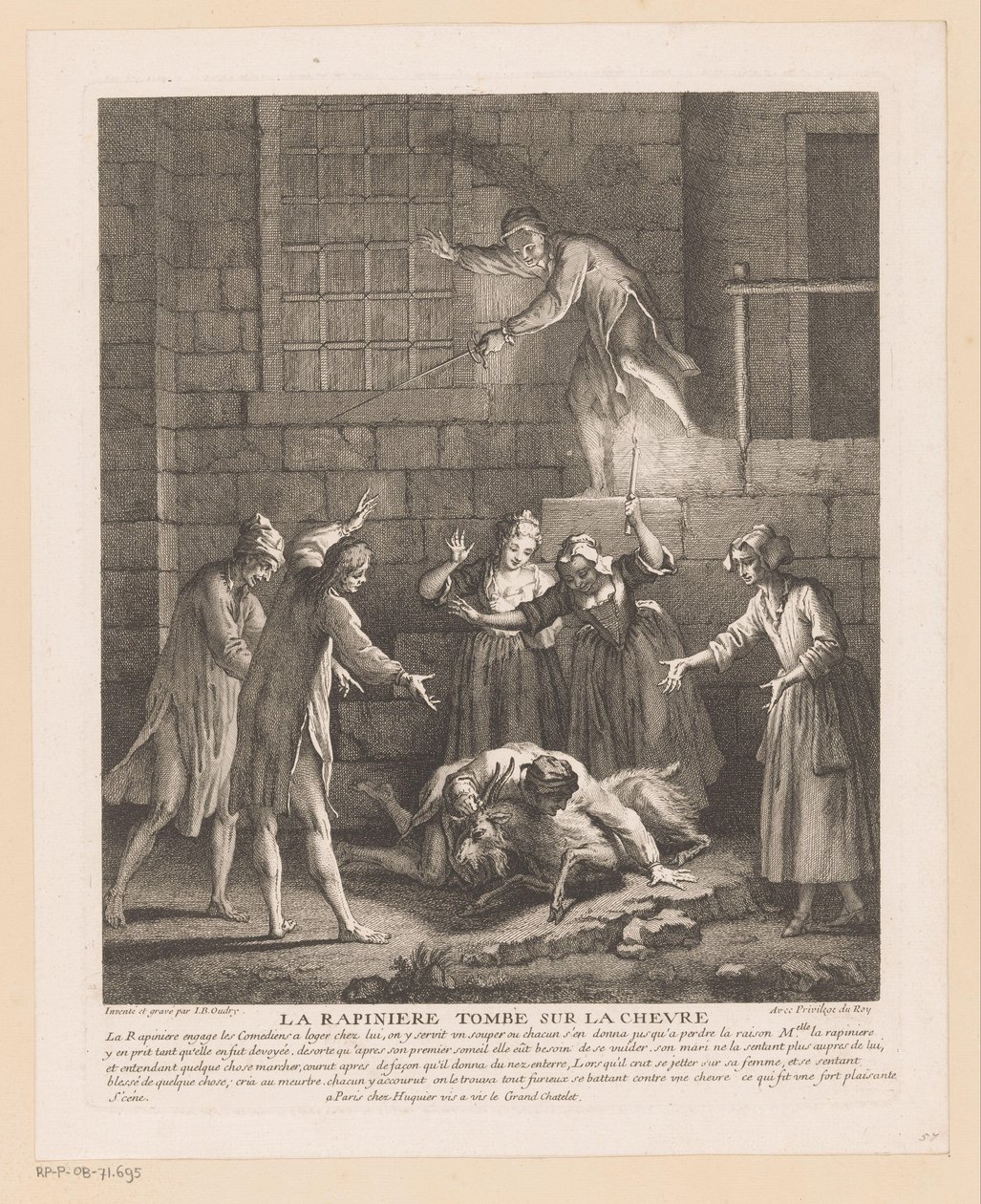 Hombre valt bovenop een geit La Rapinière cae sobre la cabra (título sobre objeto) Escenas de Roman Comique van Scarron (título de la serie) de Jean Baptiste Oudry