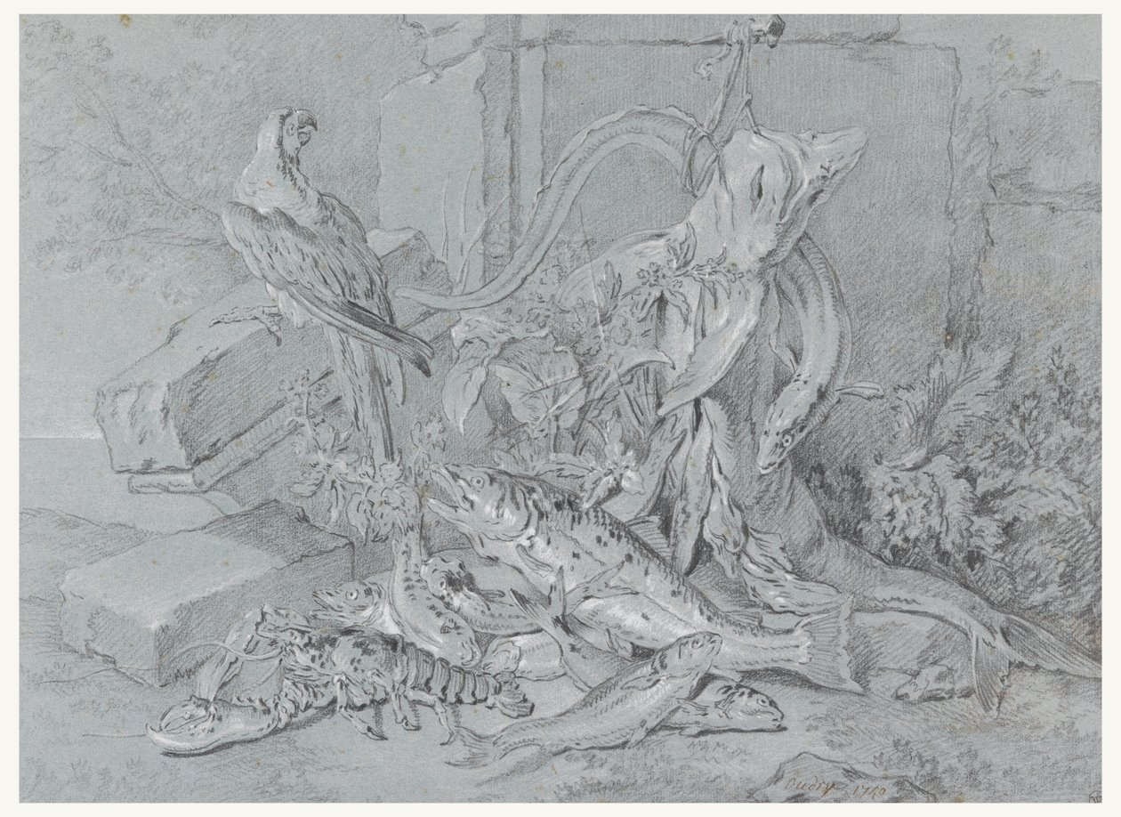 Naturaleza muerta con pescado y loro de Jean Baptiste Oudry