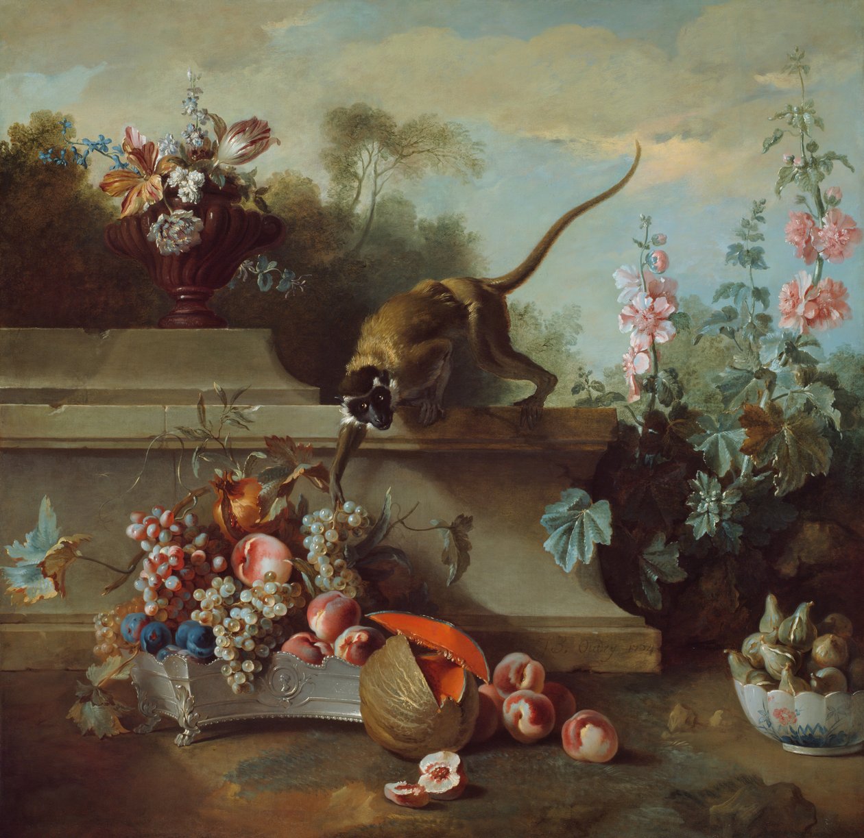 Naturaleza Muerta con Mono, Frutas y Flores, 1724 de Jean Baptiste Oudry