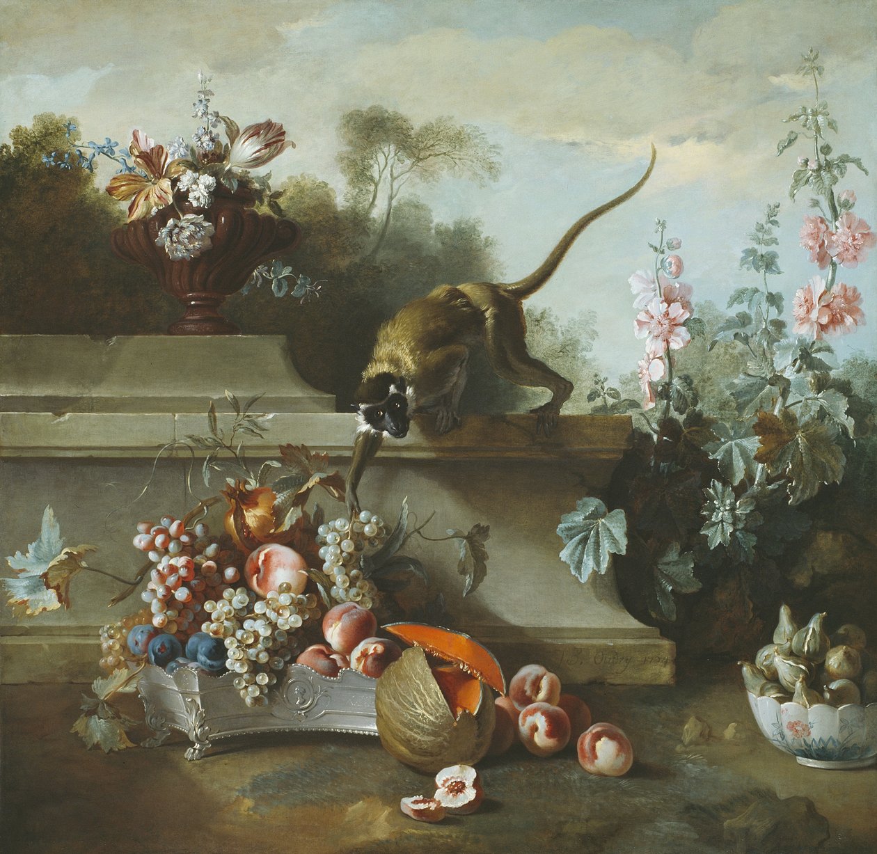 Naturaleza muerta con mono, frutas y flores de Jean Baptiste Oudry
