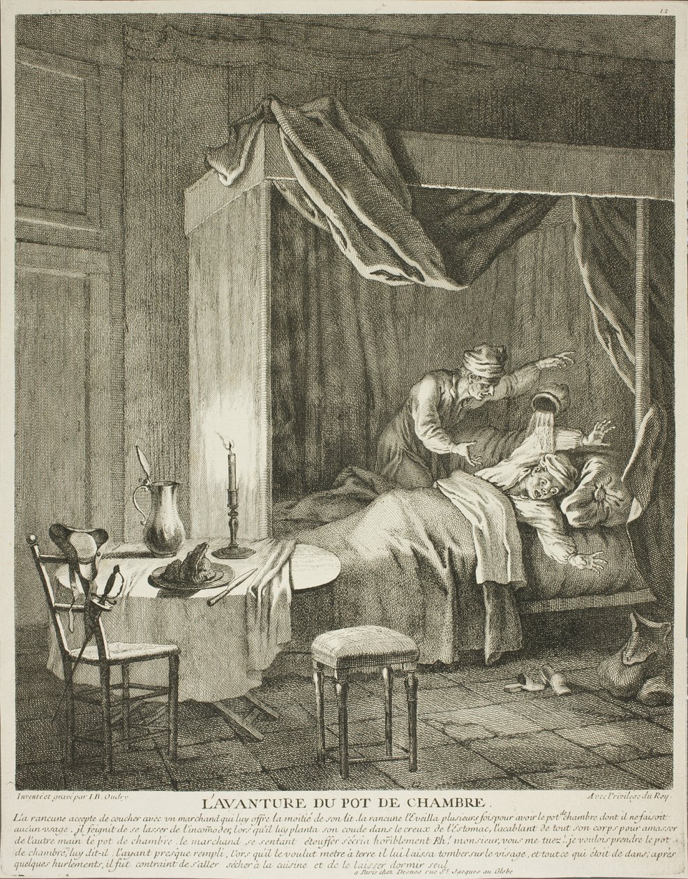 La aventura del orinal, lámina cuatro de Scènes du Roman Comique de Jean Baptiste Oudry
