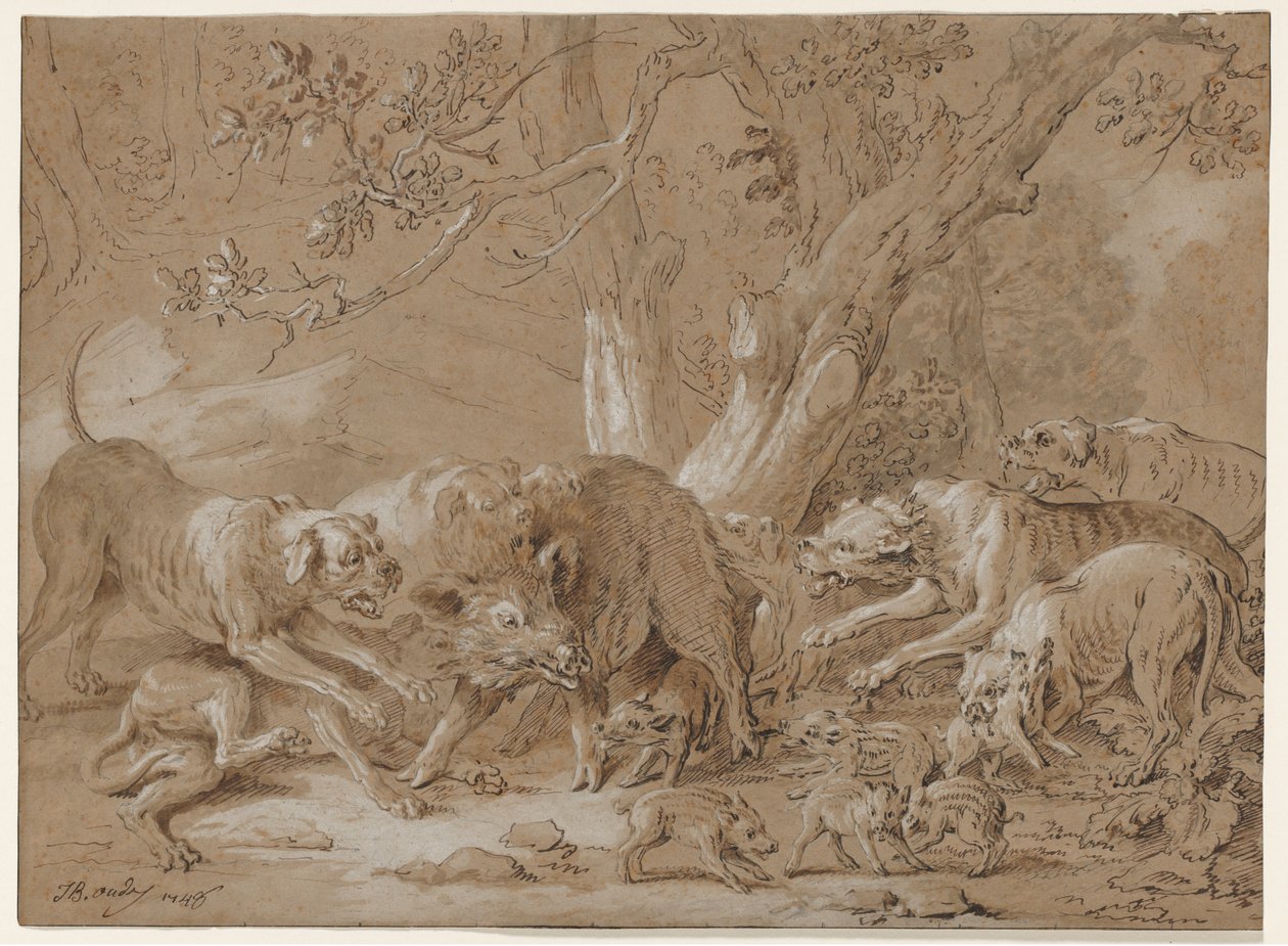 Jabalí salvaje y sus crías atacados por perros, 1748 de Jean Baptiste Oudry