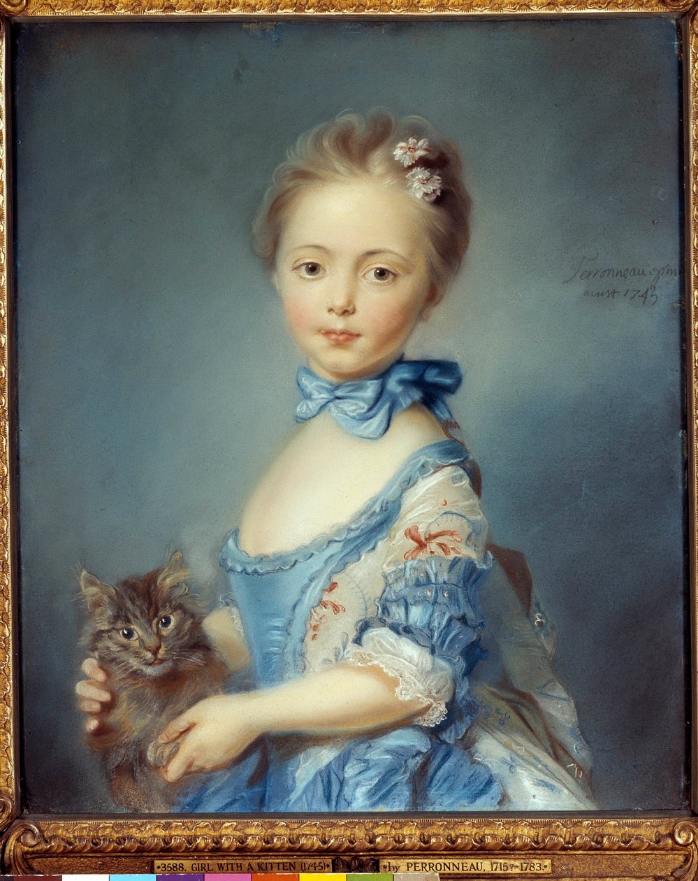 Retrato de la joven con el gato. Pintura al pastel de Jean-Baptiste Perroneau (1715-1783) de Jean Baptiste Perronneau