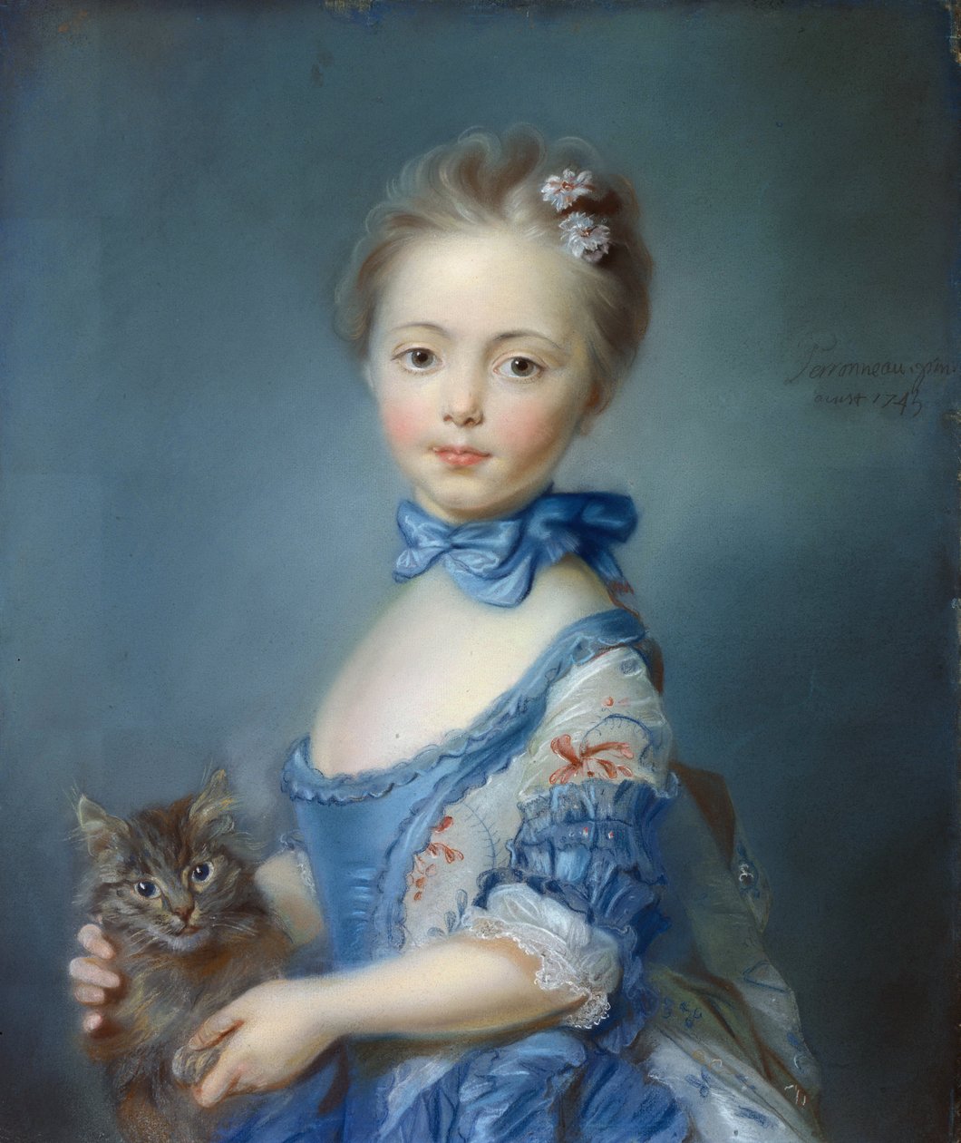 Retrato de la joven con el gato. Pintura al pastel de Jean-Baptiste Perroneau (1715-1783) de Jean Baptiste Perronneau