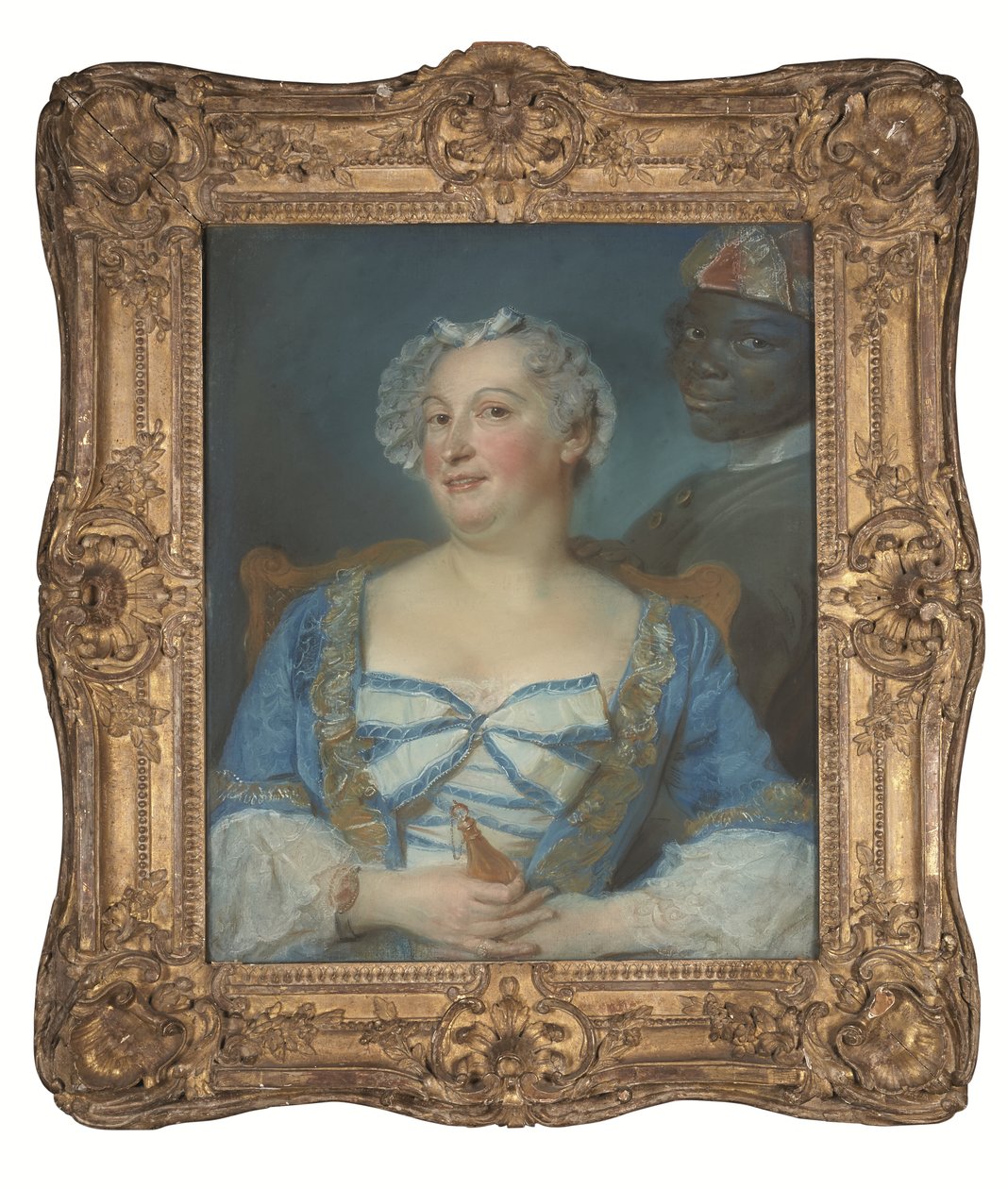 Retrato de una mujer con vestido azul y su criado negro de Jean Baptiste Perronneau
