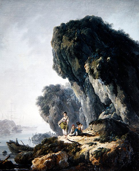 Paisaje costero con figuras en una roca de Jean Baptiste Pillement