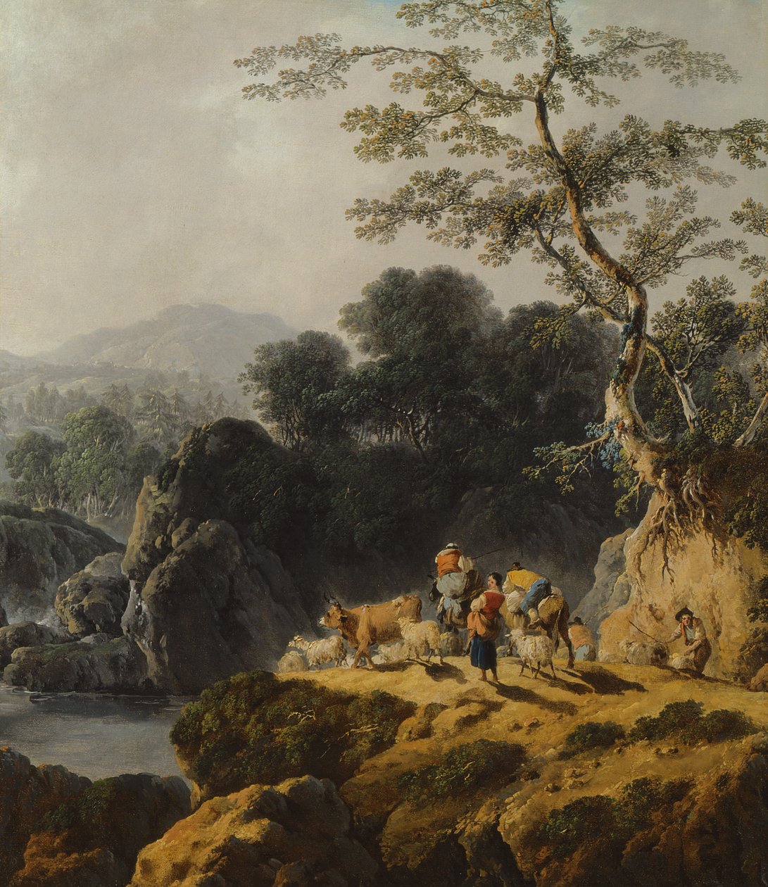 Un paisaje de valle fluvial con pastores y viajeros de Jean Baptiste Pillement