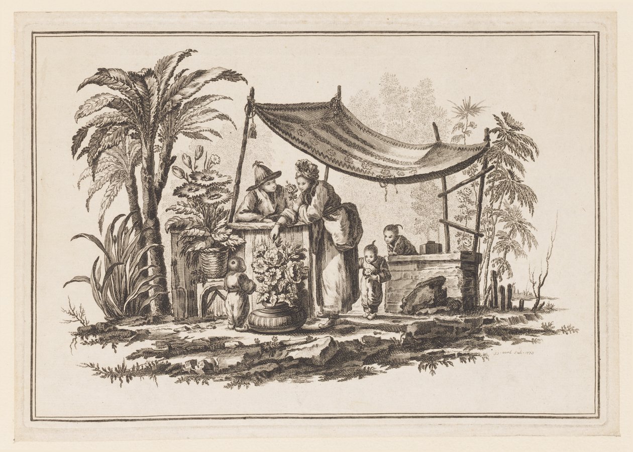 Figuras con un jarrón de flores, de "Nouveau Cahier de Six Feuilles De Différents Sujets Chinois Historiés" de Jean Baptiste Pillement