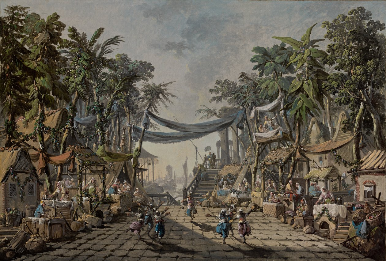 Escena de mercado en un puerto oriental imaginario de Jean Baptiste Pillement