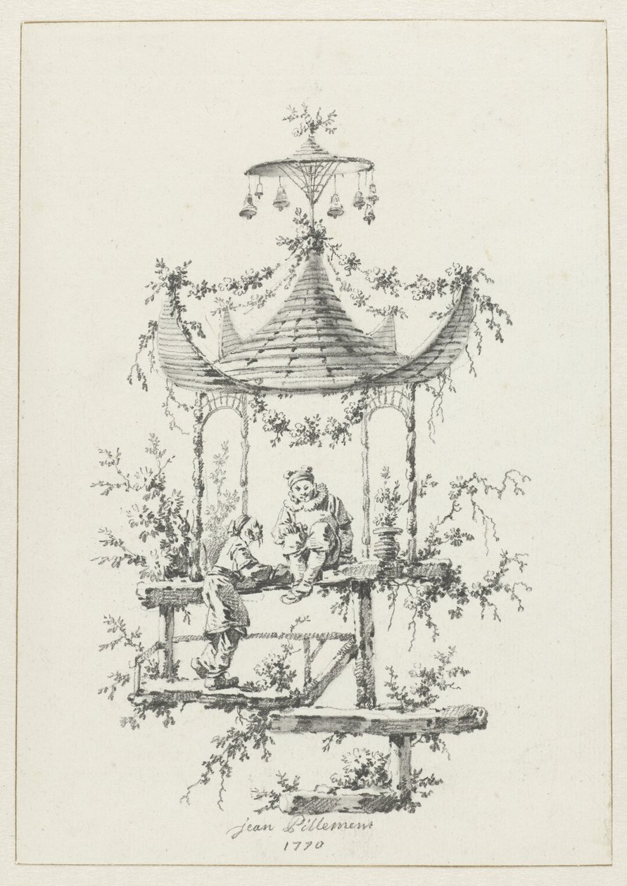 Composición ornamental en estilo chinoiserie. Diseños ornamentales en estilo chinoiserie para Deuxième Cahier de six Baraques Chinoises (título de la serie) de Jean Baptiste Pillement