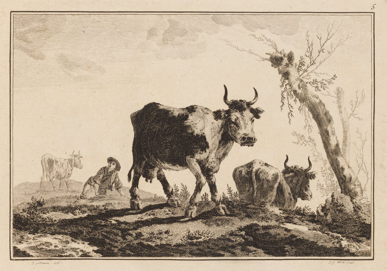 Placa 5, "Cuaderno de seis hojas de bueyes y vacas" de Jean Baptiste Pillement