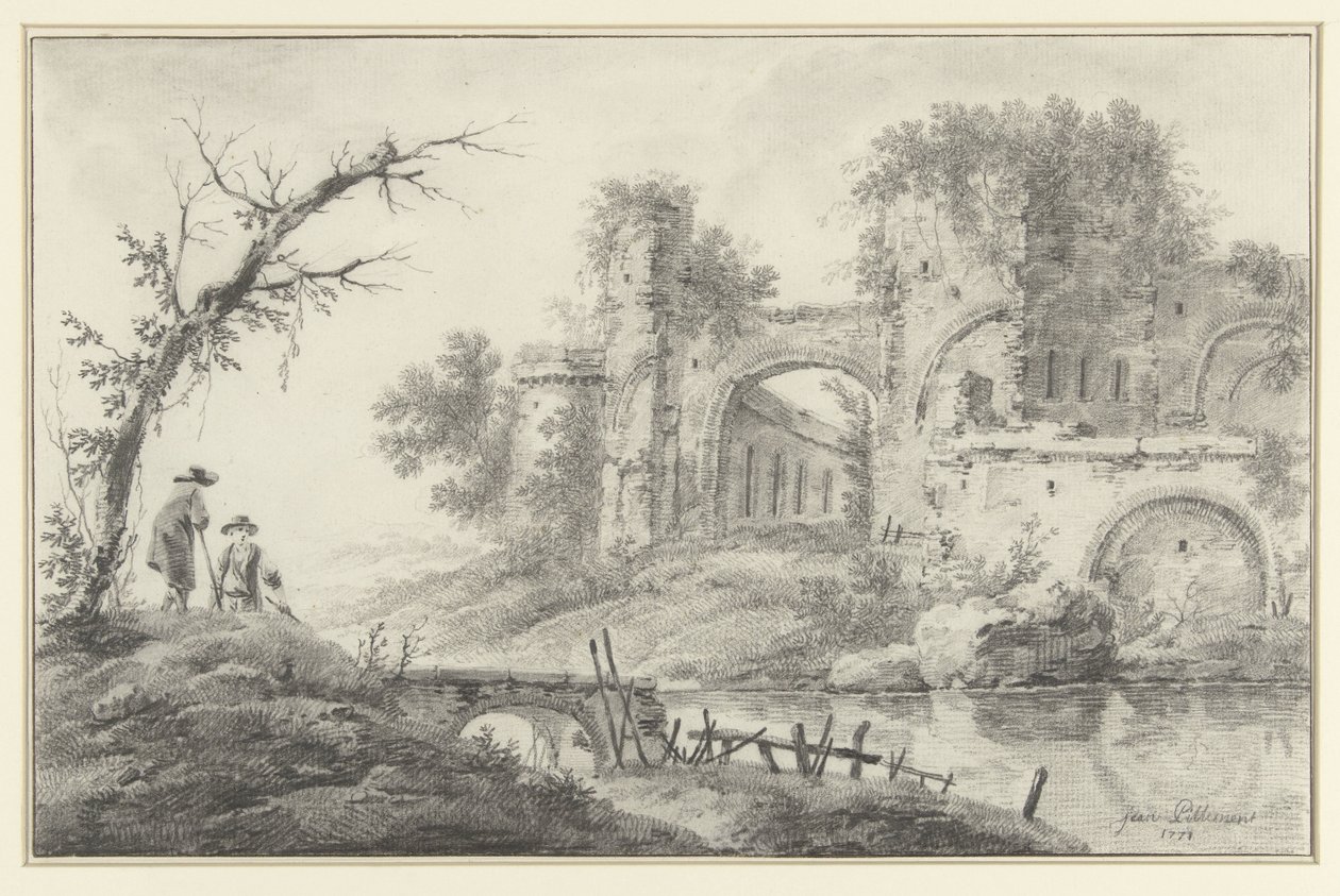 Ruinas junto a un río con dos paisanos de Jean Baptiste Pillement