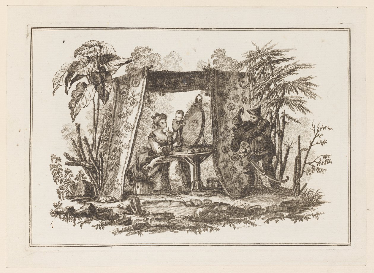 Mujeres mirando en el espejo, de "Nuevo cuaderno de seis hojas de diferentes temas chinos históricos" de Jean Baptiste Pillement