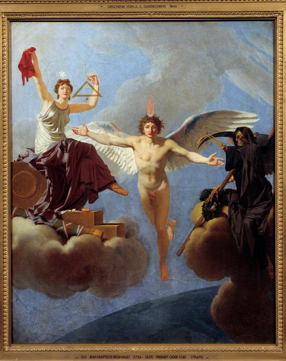 La Libertad o la Muerte. Alegoría de la Libertad a la izquierda, cubierta por el Diadema de la Razón, herencia del Siglo de las Luces. Con su mano izquierda, empuña el escuadrón y el hilo de plomo simbolizando la igualdad en la ciudadanía. Encarnando los v de Jean Baptiste Regnault