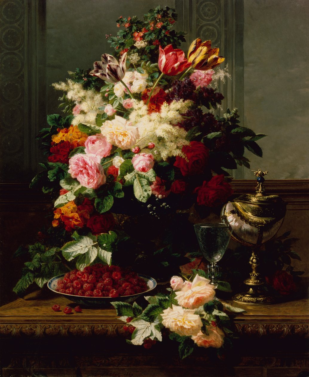 Naturaleza muerta de rosas, tulipanes y otras flores en una compota alemana de Jean Baptiste Robie