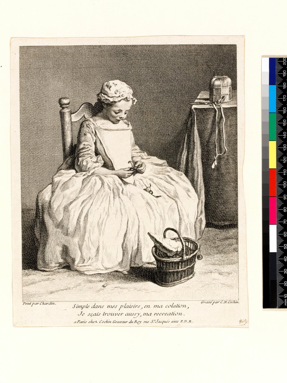 Niña con su almuerzo (La Petite Fille aux Cerises) grabado por Charles Nicolas Cochin I (1688-1754) 1738 de Jean Baptiste Simeon (after) Chardin