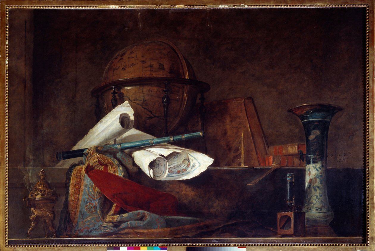 Alegoría de la ciencia. Naturaleza muerta, globo, mapas geográficos, libros y jarrón. París, Museo Jacquemart André de Jean Baptiste Simeon Chardin