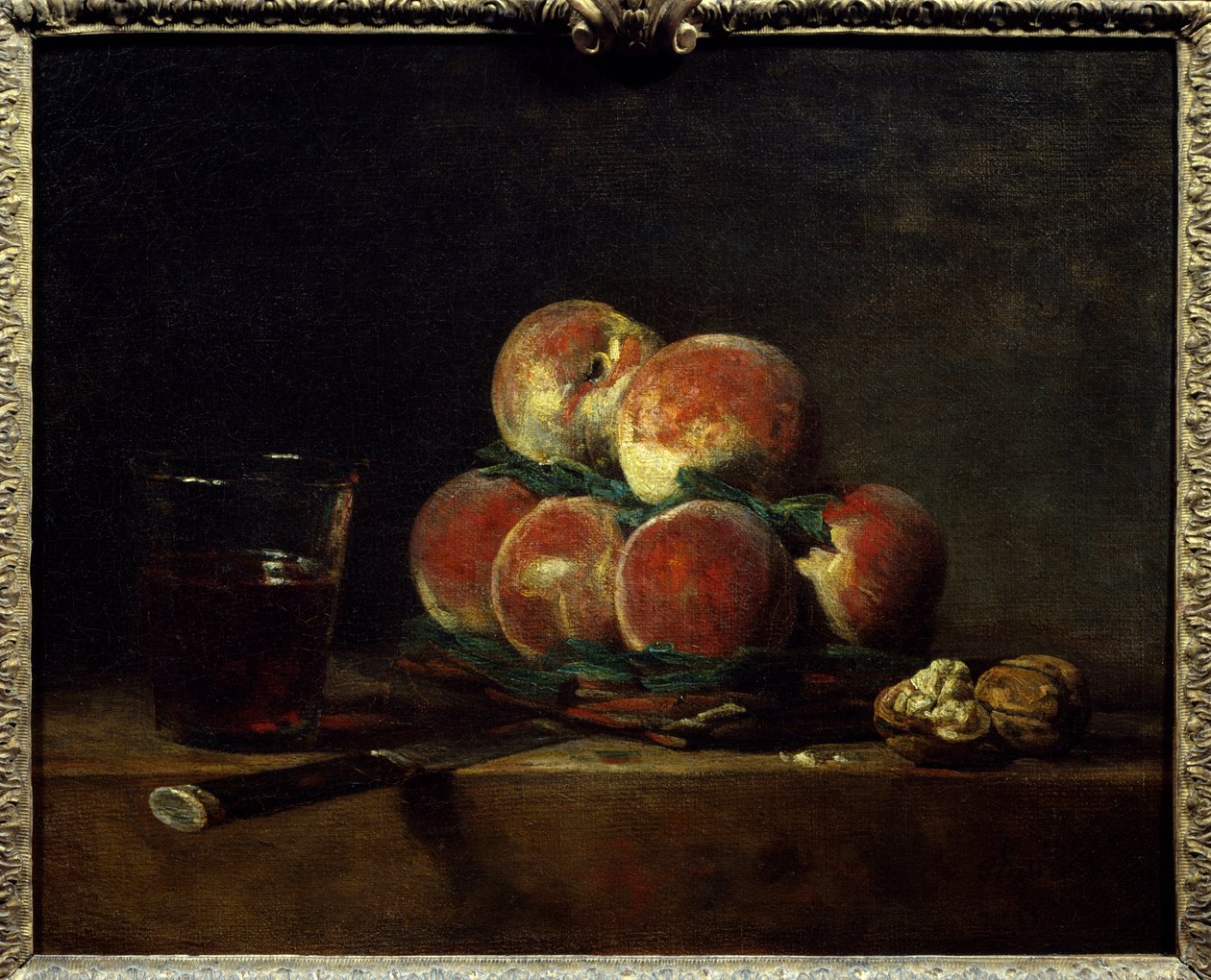 Cesta de melocotones con nueces, cuchillo y copa de vino Pintura de Jean Baptiste Simeon Chardin (1699-1779) de Jean Baptiste Simeon Chardin