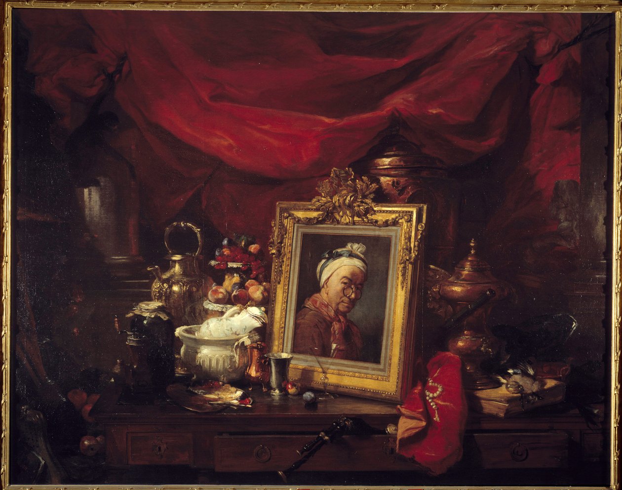 Chardin y sus modelos. Mesa en un conjunto (abyme). Una pintura que representa a Jean Baptiste Simeon Chardin (1699-1779) rodea naturalezas muertas. de Jean Baptiste Simeon Chardin