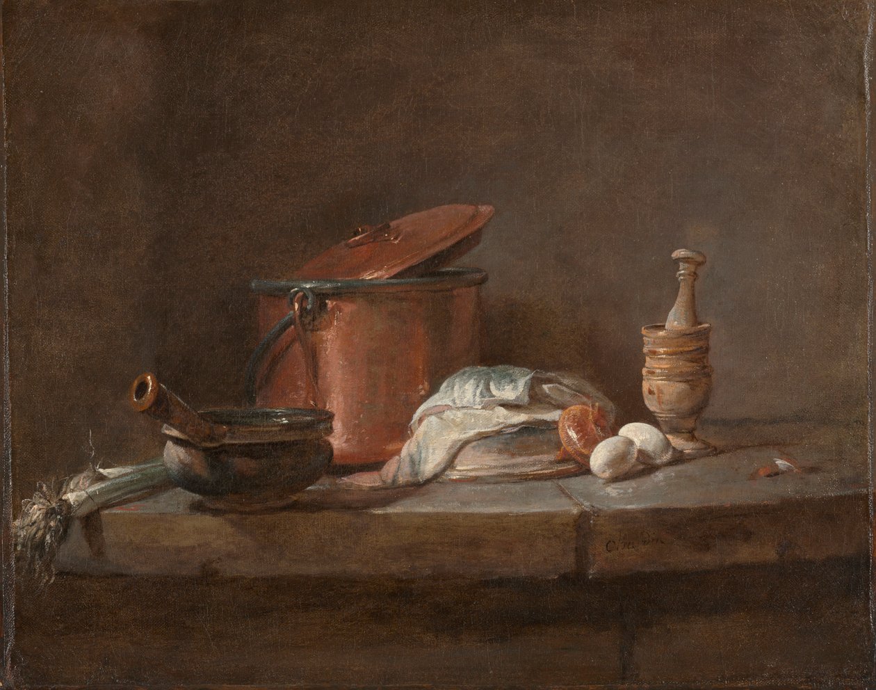 Utensilios de cocina con puerros, pescado y huevos, c. 1734 de Jean Baptiste Simeon Chardin