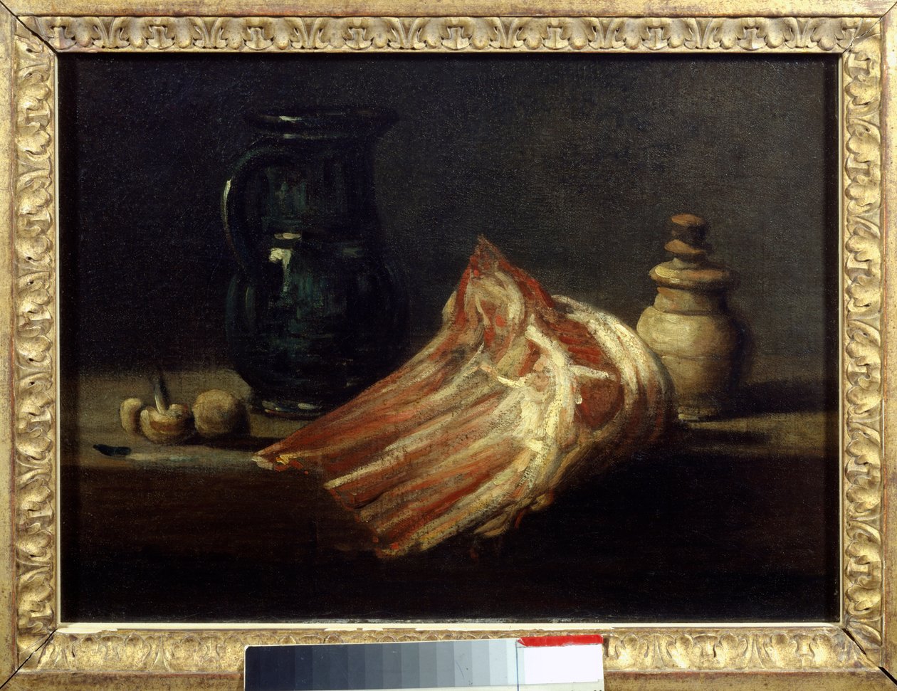 Mesa de cocina y utensilios con un cuadrado de oveja de Jean Baptiste Simeon Chardin