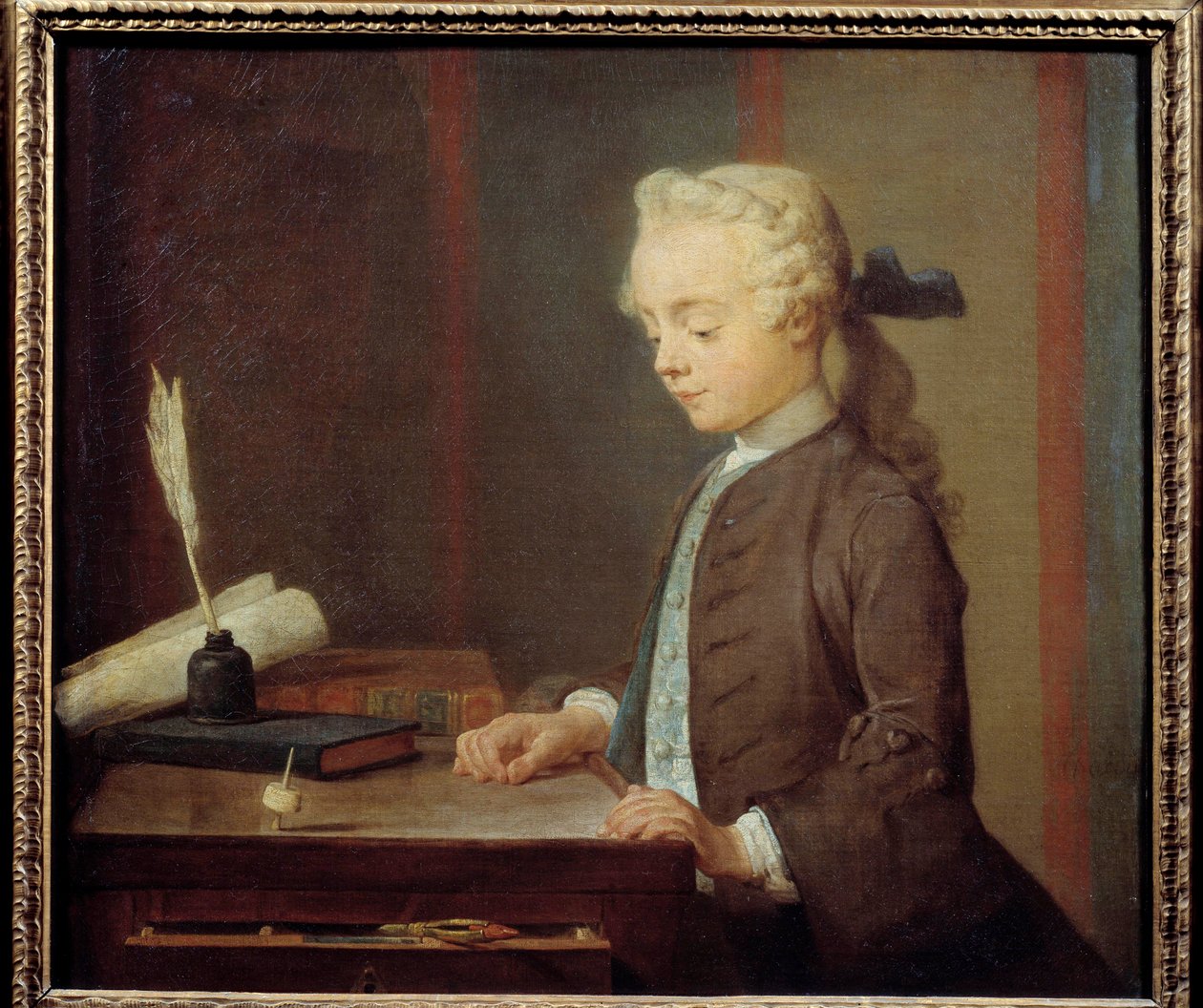 El niño Toton. Un niño jugando al toton, un tipo de juguete con cuatro caras que se gira como una peonza de Jean Baptiste Simeon Chardin