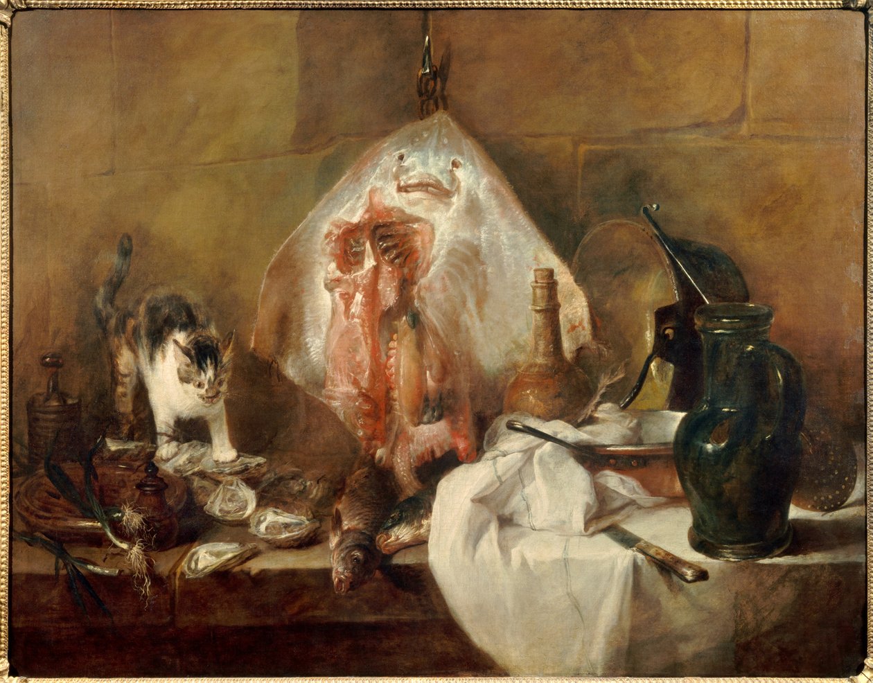 La raya de bodegón de pescado, ostras, jarra de Jean Baptiste Simeon Chardin