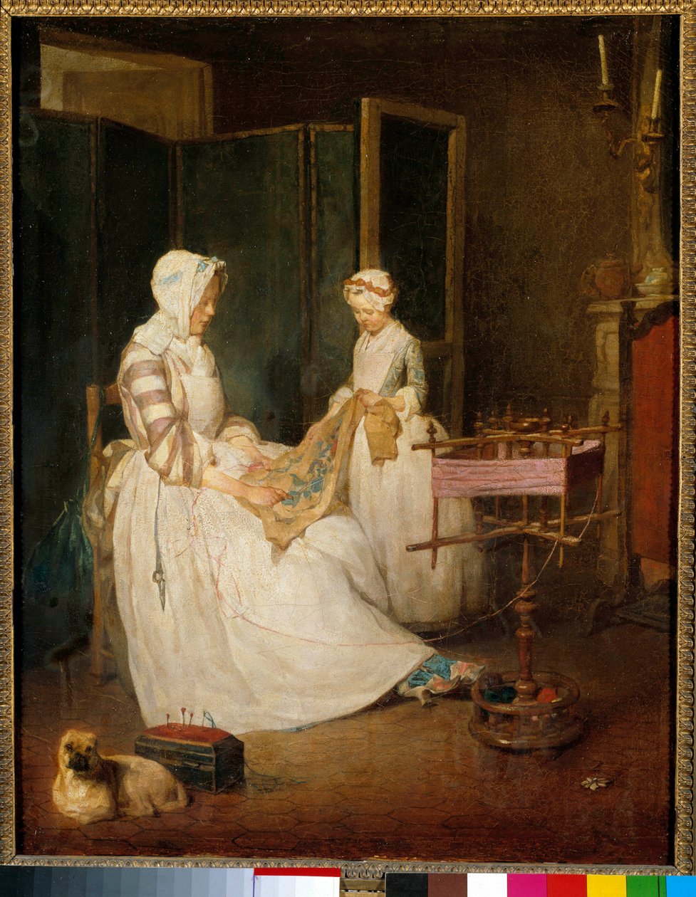 La madre trabajadora Una madre ayudada por su hija bordando y usando un bastidor de Jean Baptiste Simeon Chardin
