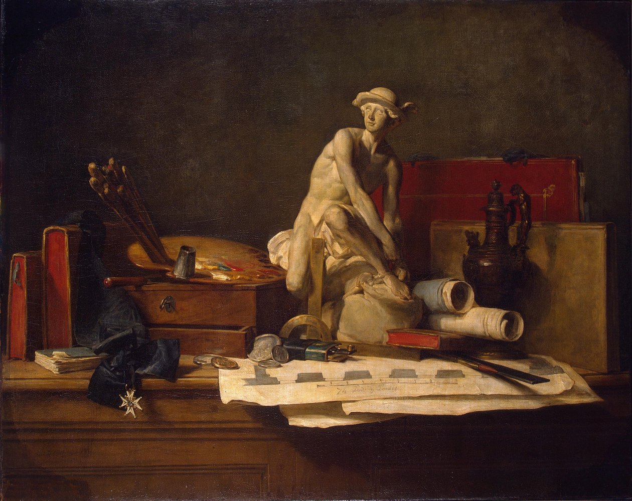 Francés:  Nature morte avec des attributs des Arts Naturaleza muerta con atributos de las artes de Jean Baptiste Simeon Chardin