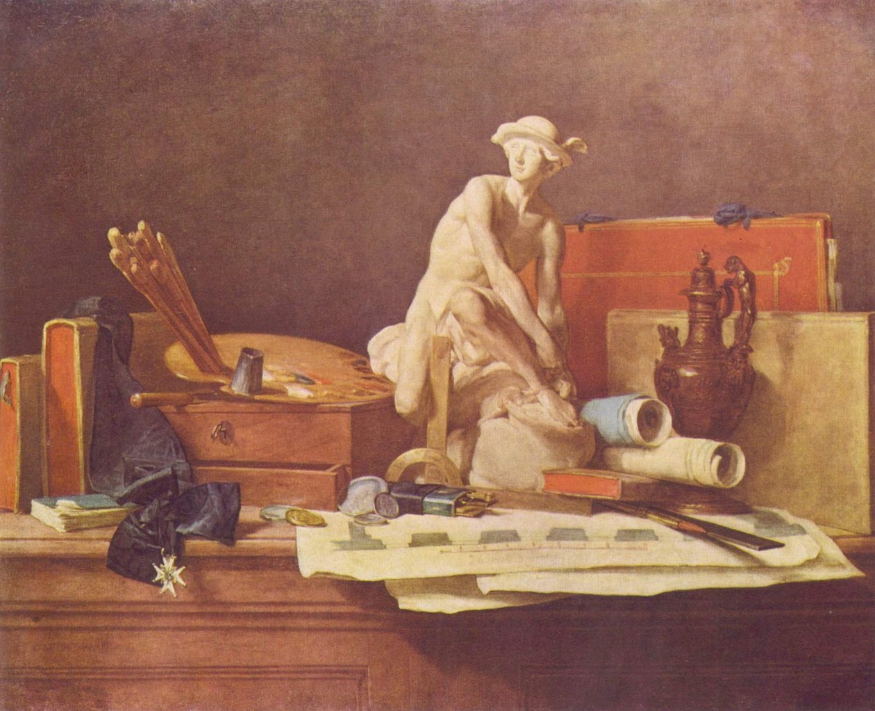Francés:  Nature morte avec des attributs des Arts Naturaleza muerta con atributos de las artes de Jean Baptiste Simeon Chardin
