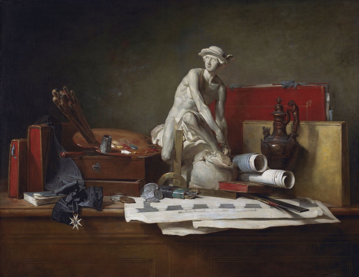 En francés:  Nature morte aver des attributs des Arts Los atributos de las artes y las recompensas que se les atribuyen de Jean Baptiste Simeon Chardin
