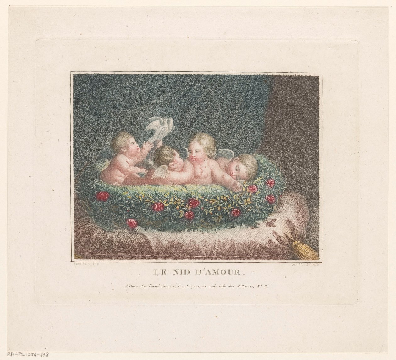 Cuatro putti con dos palomas en una cesta de rosas sobre un cojín
Le Nid d