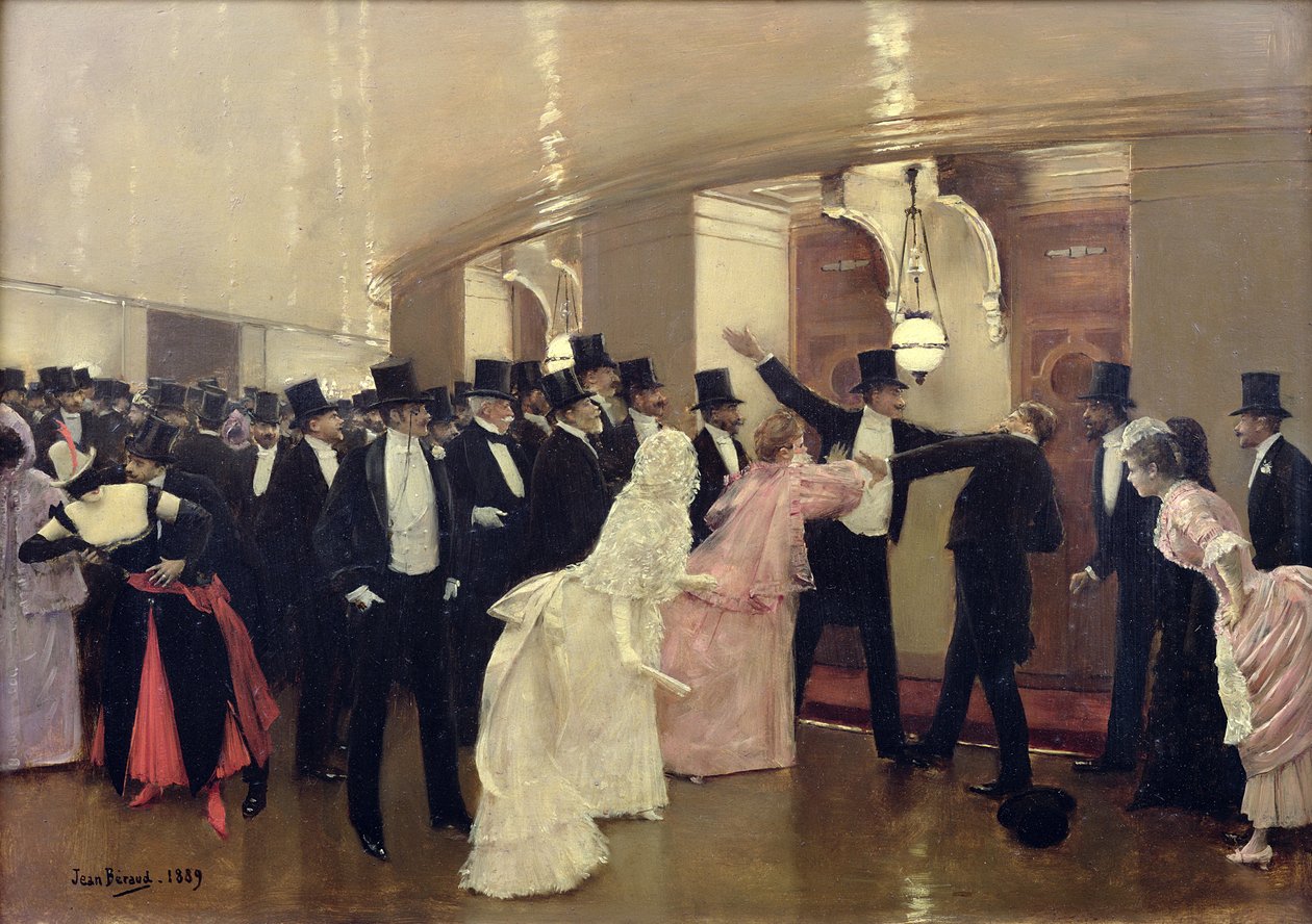 Una discusión en los pasillos de la ópera, 1889 de Jean Beraud