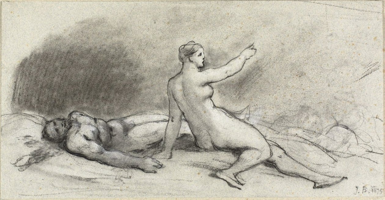 Mujer desnuda sentada con hombre desnudo dormido (recto); torso femenino visto desde atrás (verso) de Jean Beraud
