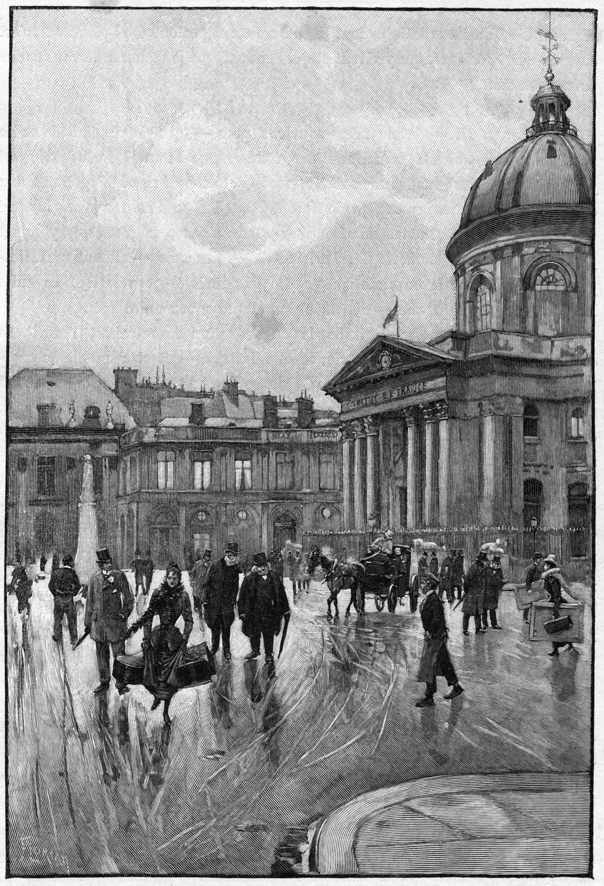 Escena parisina en el siglo XIX: la orilla izquierda con el Instituto de Francia. Grabado por Florian del cuadro de Béraud. Finales del siglo XIX. En 
