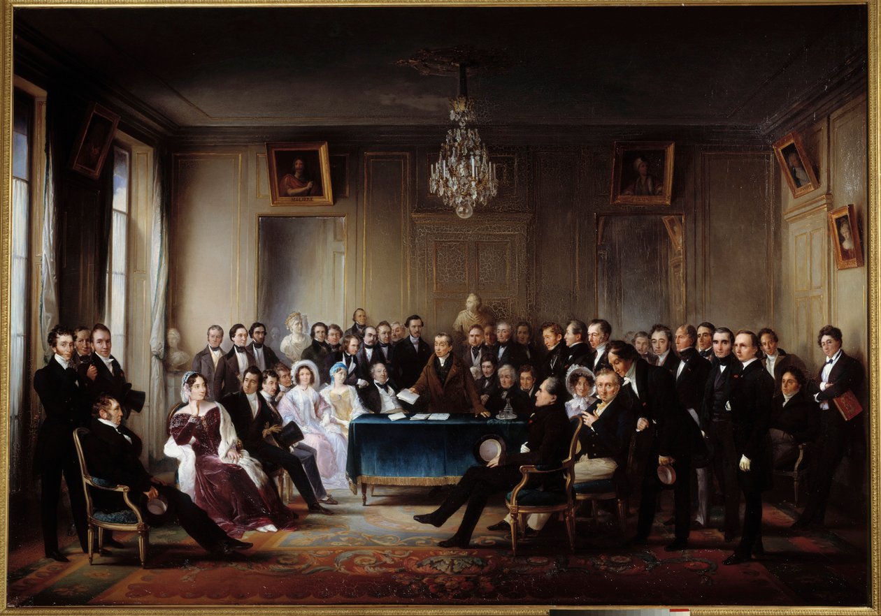 El poeta y dramaturgo Francois Guillaume Andrieux leyendo su tragedia Junius Brutus en el foyer de la Comédie Française el 26/05/1828. Entre los presentes Alexandre Dumas, Pierre Nicolas Michelot, Jean Francois Becquerel, Firmin, Victor Hugo, Eugene de Jean Beraud