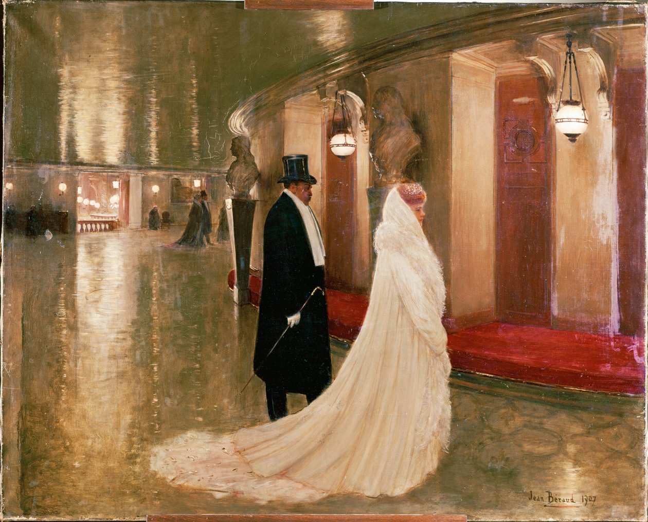Los abonados - una elegante pareja entrando en un palco de la Ópera de París (óleo sobre lienzo) de Jean Beraud