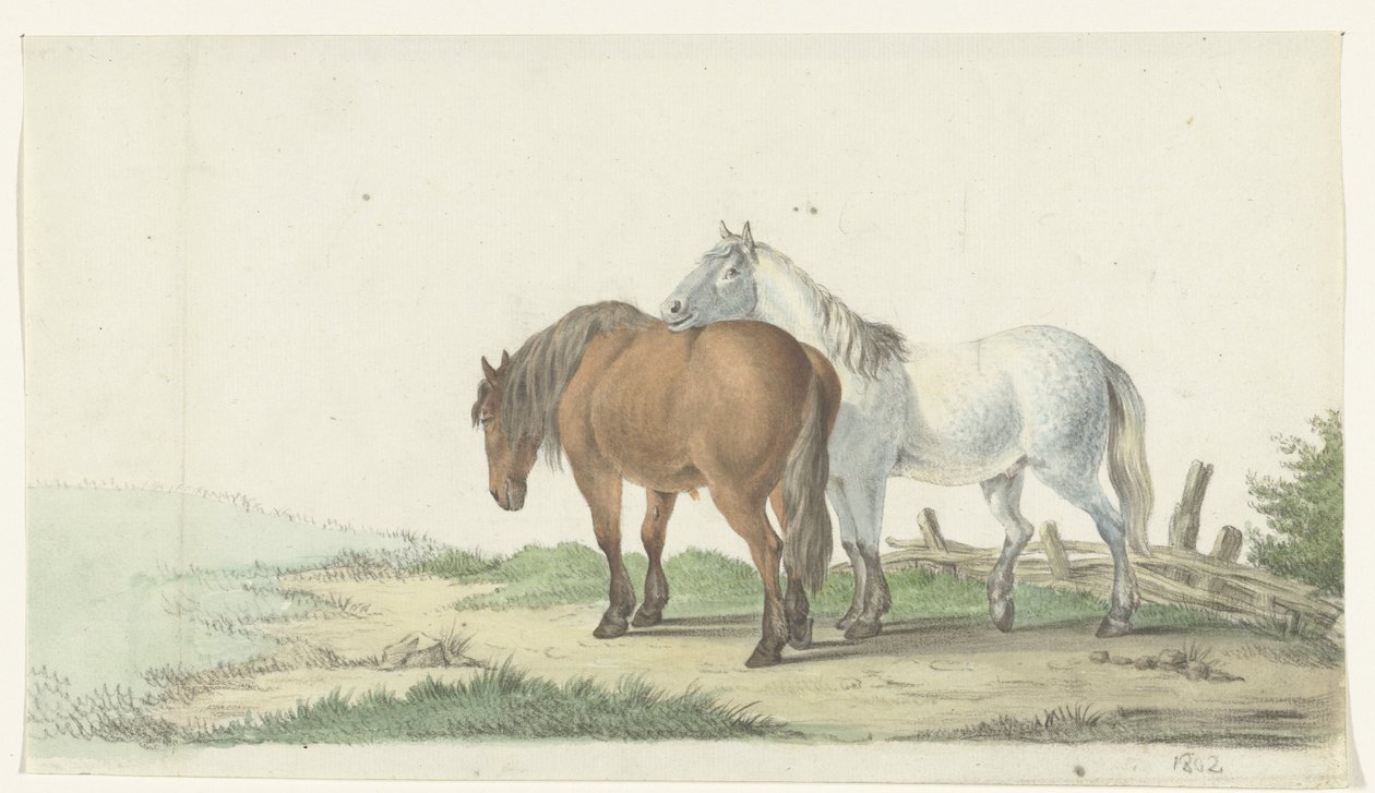 Un caballo marrón y blanco en un camino junto a una valla de Jean Bernard